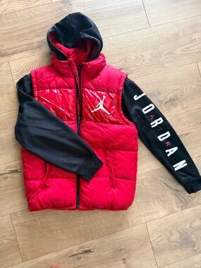 Air Jordan Black andRed Puffer Vest with Black Logo Patch